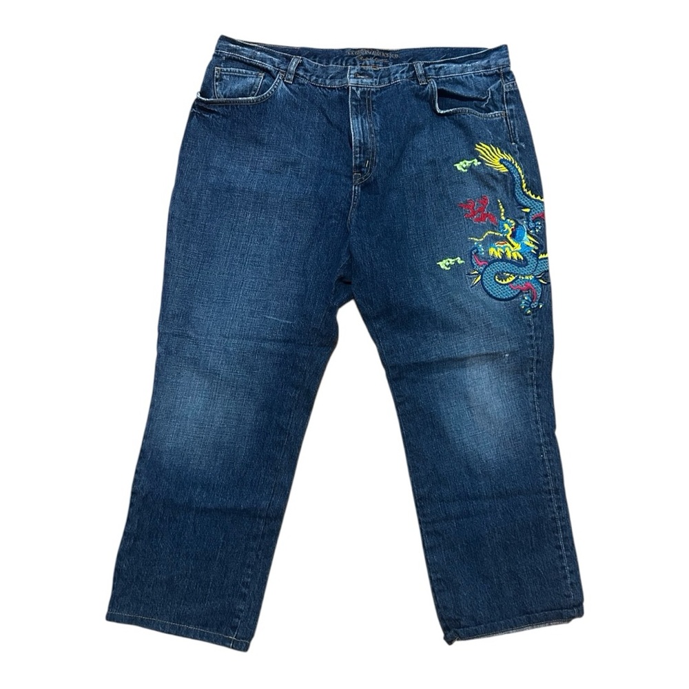 Ralph Lauren Womens 18w Dragon Embroided Distressed Denim Blue Jeans Art To Wear